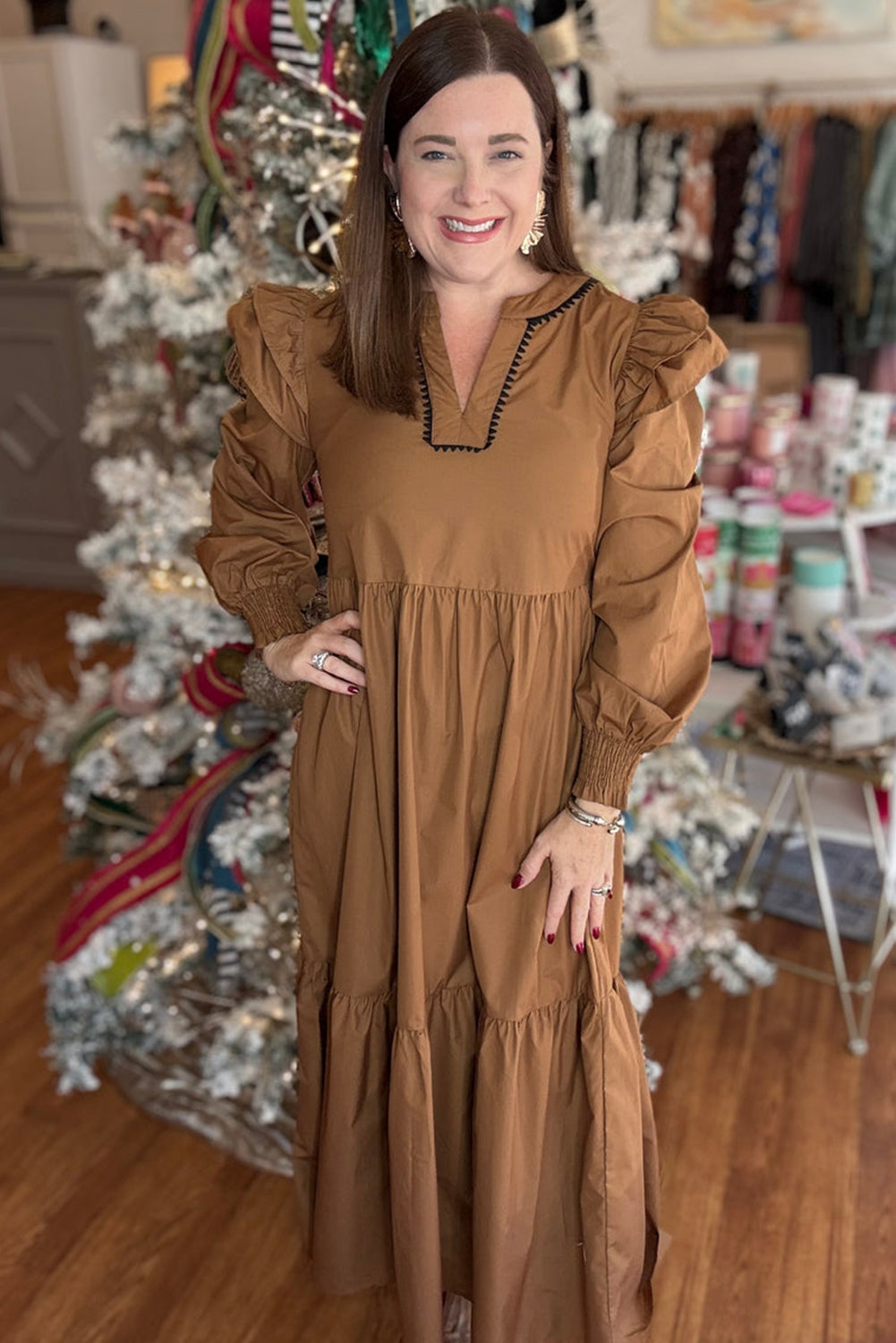 Light French Beige Plus Size Ruffle Trim Long Sleeve Ricrac Trim V Neck Maxi Dress