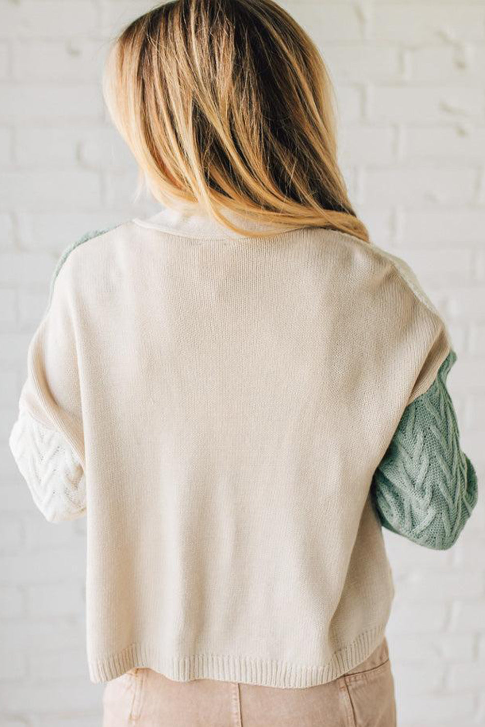 Parchment Mix Texture Knitted Color Block Button Down V Neck Sweater Cardigan