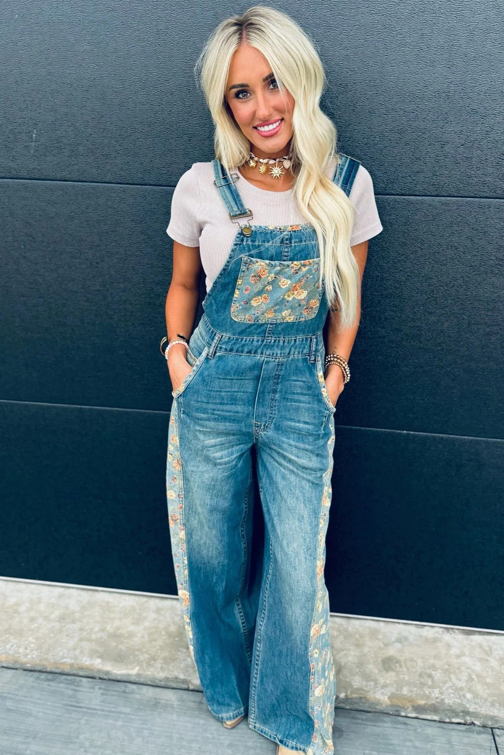 Peacock Blue Floral Patchwork Bib Denim Wide Leg Overalls