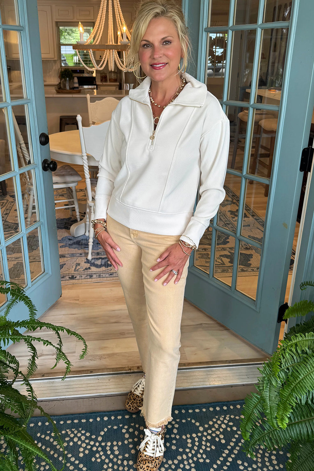 White Zip up Polo Collared Ribbed Sweatshirt