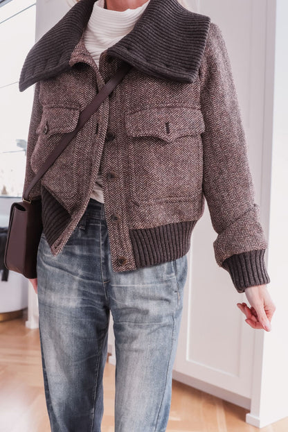 Dark Brown Mix Texture Ribbed Knit Patchwork Large Collar Jacket