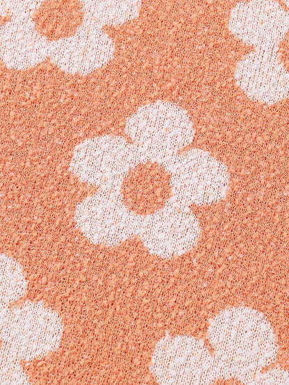 Grapefruit Orange Floral Knit Drop Shoulder Sweater with Fuzzy Texture