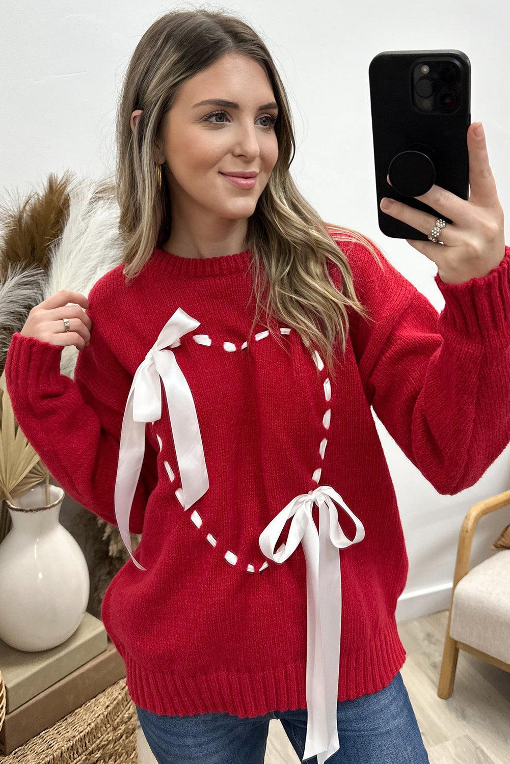 Racing Red Ribbon Bow Knot Heart Stitch Drop Shoulder Sweater