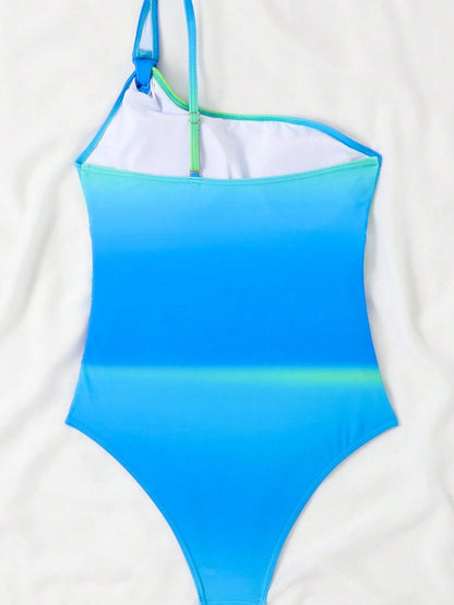 Ethereal Sky Blue Ruched One-Shoulder Monokini