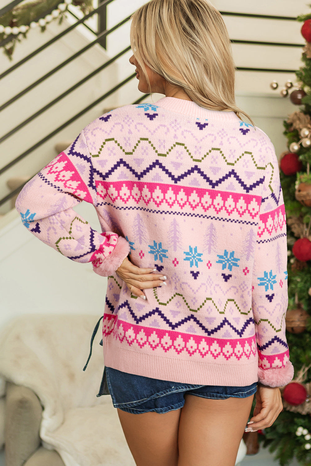 Multicolour Ethnic Christmas Pattern Knit Feather Cuffed Sweater