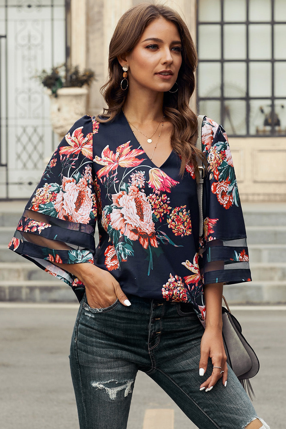 Fiery Red Floral Blouse with Sheer Patchwork Sleeve