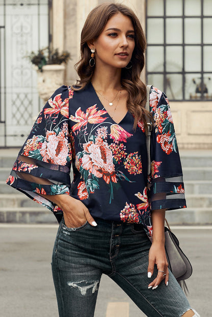 Fiery Red Floral Blouse with Sheer Patchwork Sleeve