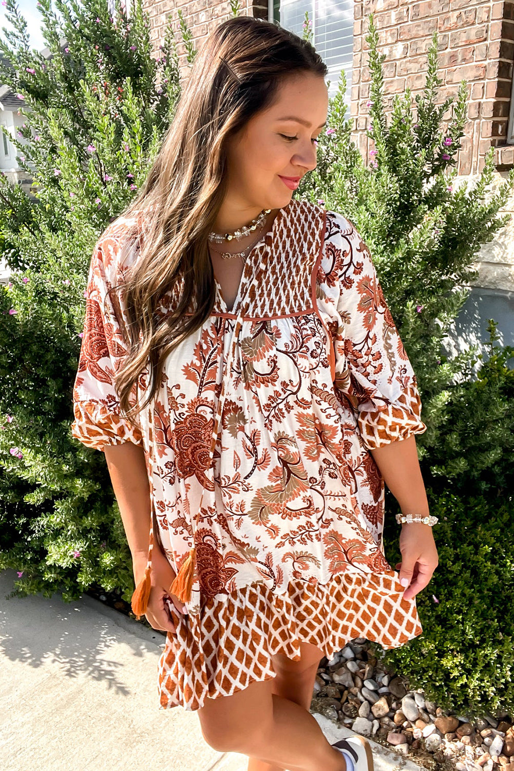 Brown Plus Floral Mixed Print Patchwork Tie Split Neck Half Sleeve Loose Mini Dress