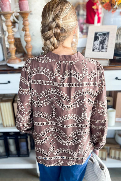 Coffee Embroidered Pattern Notched Neck Long Sleeve Blouse