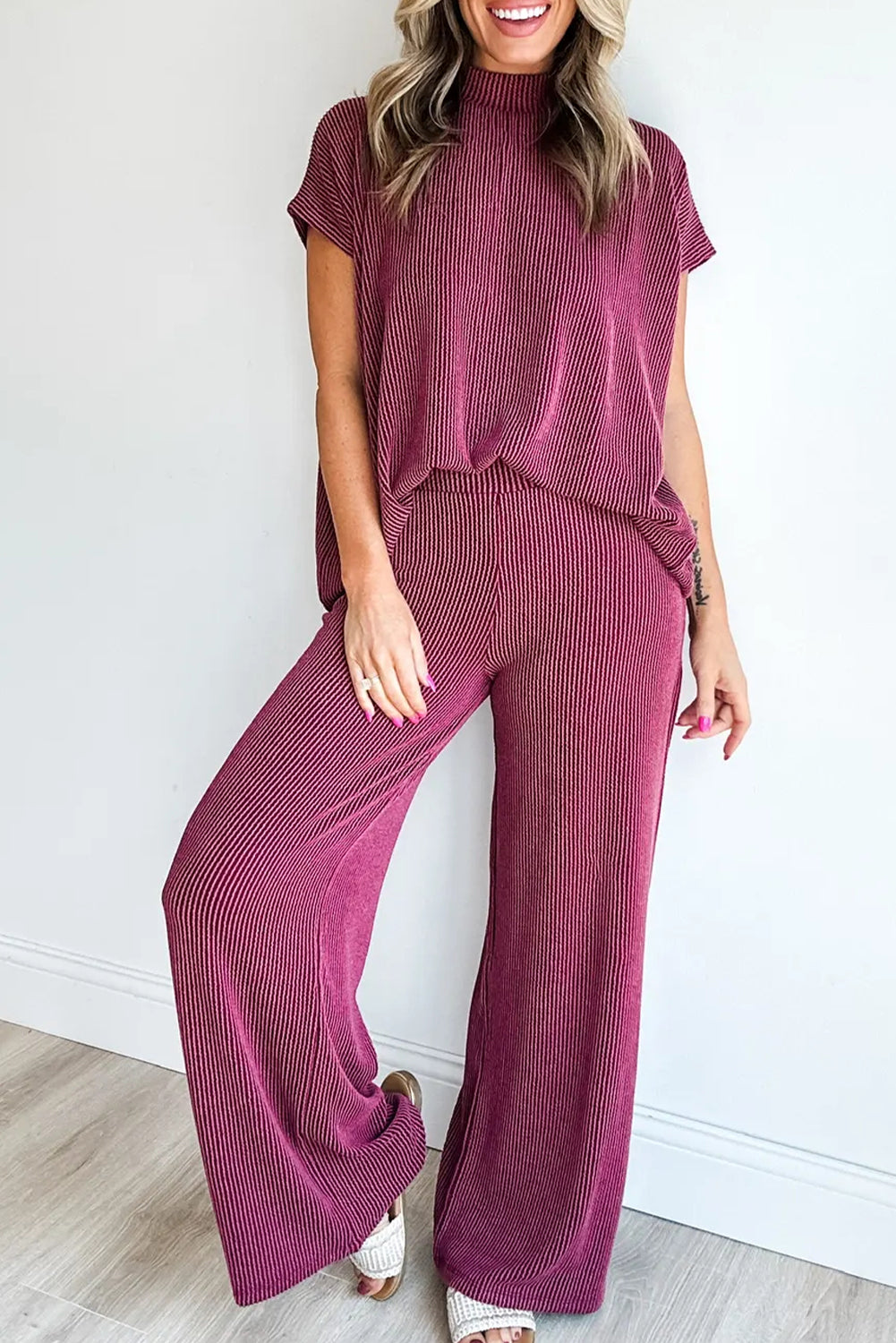 Burgundy Twisted Ribbed High Neck Loose Tee Elastic High Waist Loose Pant Set