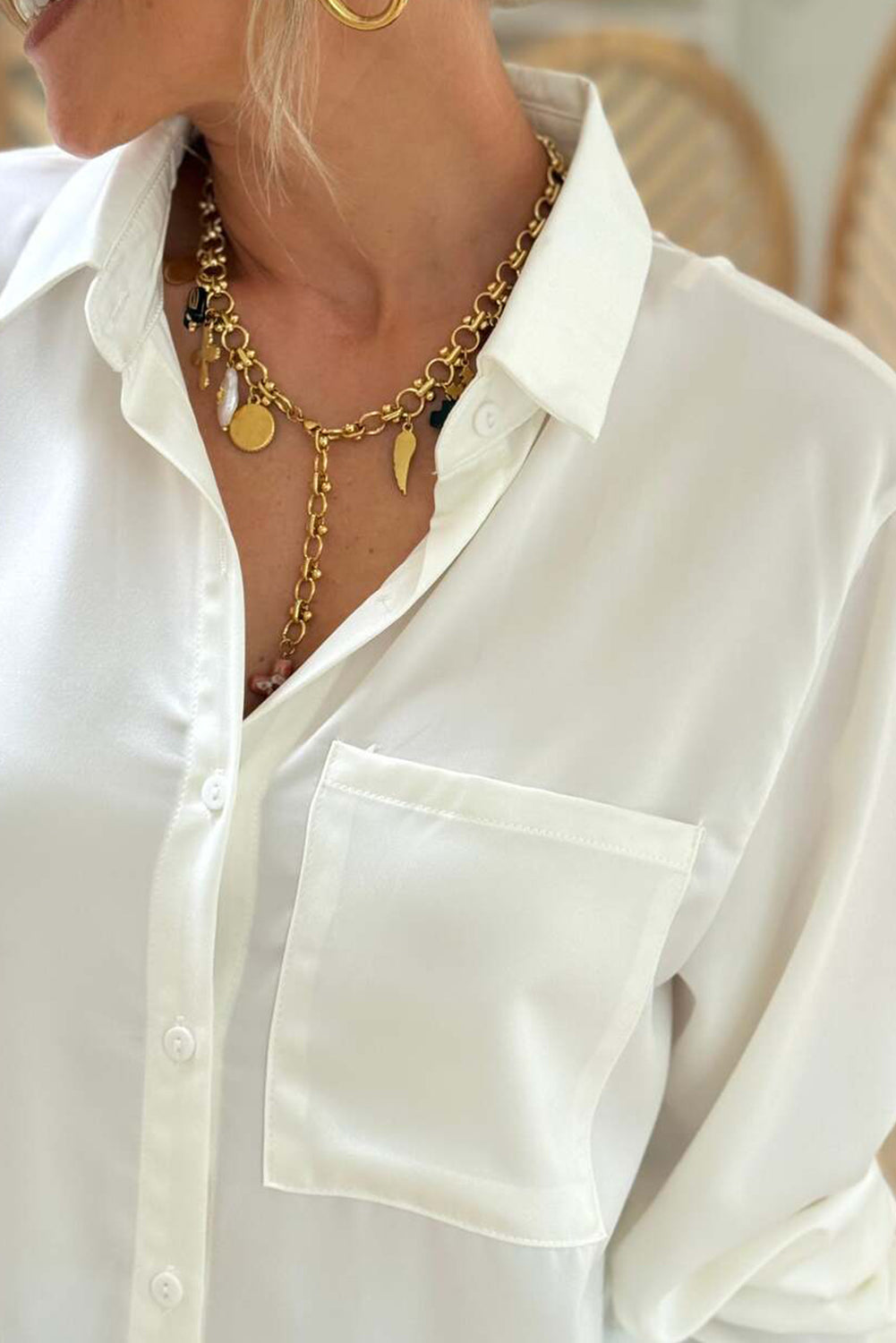 White Single Chest Pocket Lace Splicing Knot Open Back Tunic Shirt