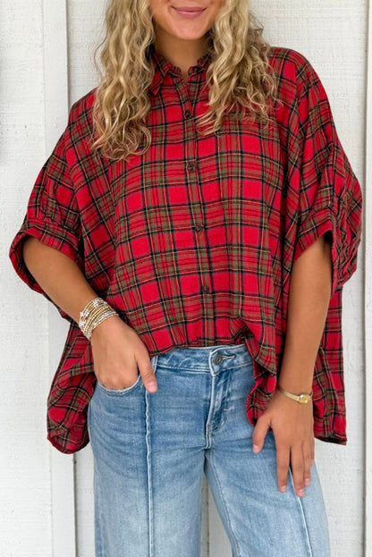 Fiery Red Retro Plaid Half Sleeve Loose Shirt