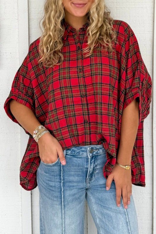 Fiery Red Retro Plaid Half Sleeve Loose Shirt