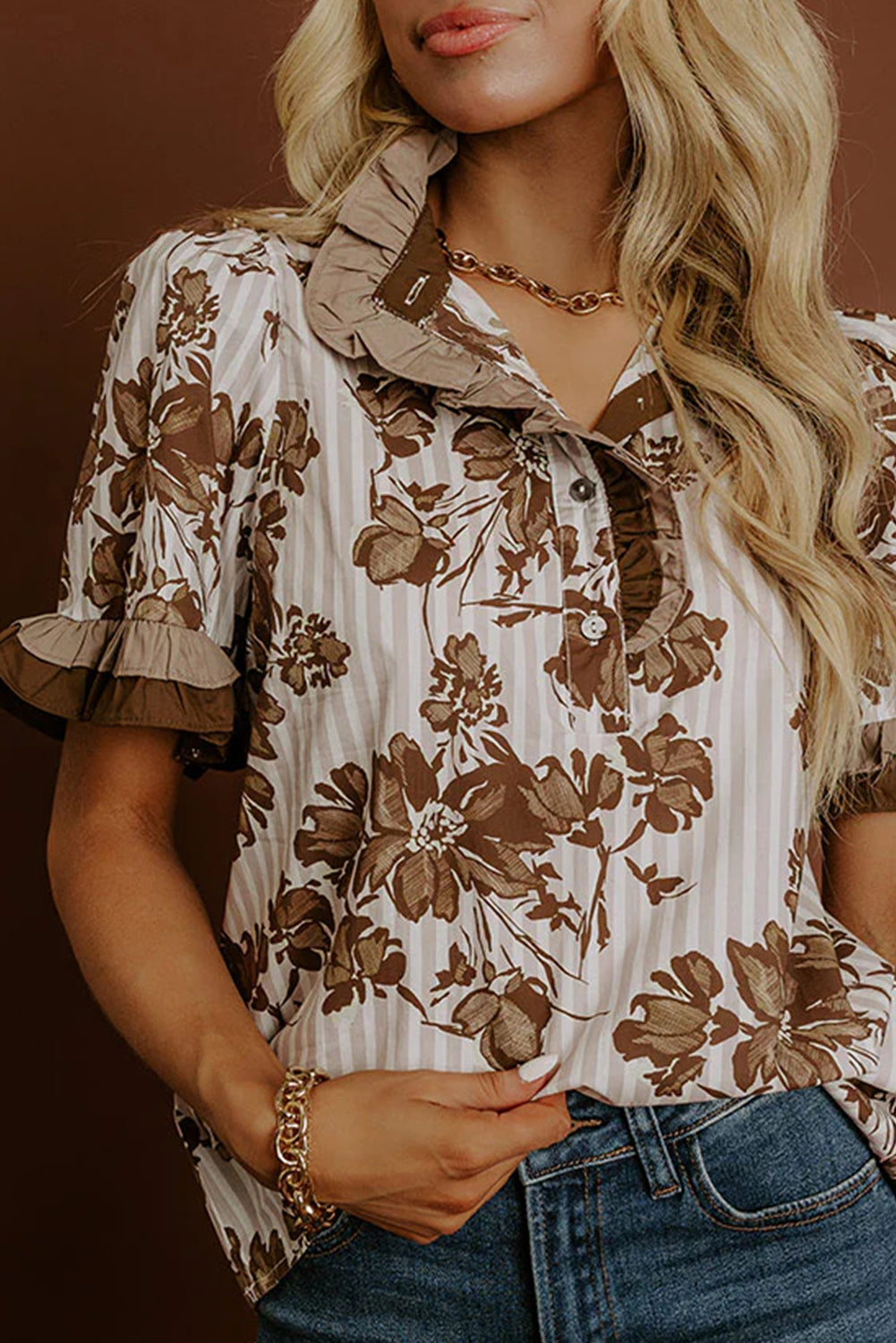 Brown Floral Striped Print Frilled Color Block Trim Short Sleeve Blouse