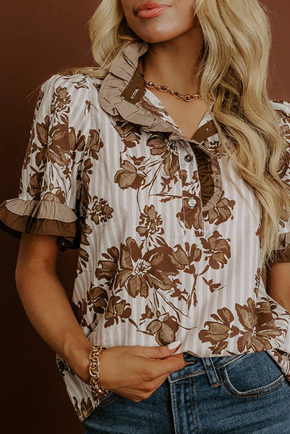 Brown Floral Striped Print Frilled Color Block Trim Short Sleeve Blouse