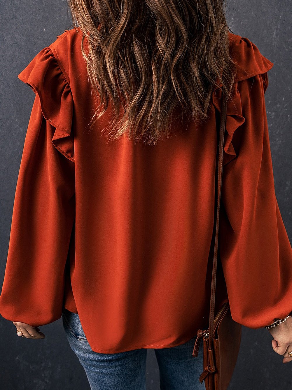 Elegant Brown V-Neck Ruffle Pleated Blouse