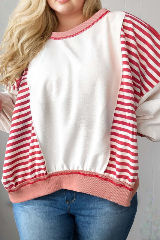Red Stripe Color Block Patchwork Seam Detail Plus Size Sweatshirt
