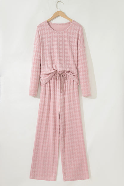 Light Pink Rhombus Pattern Knit Long Sleeve Top Pocketed Drawstring Lounge Pant Set