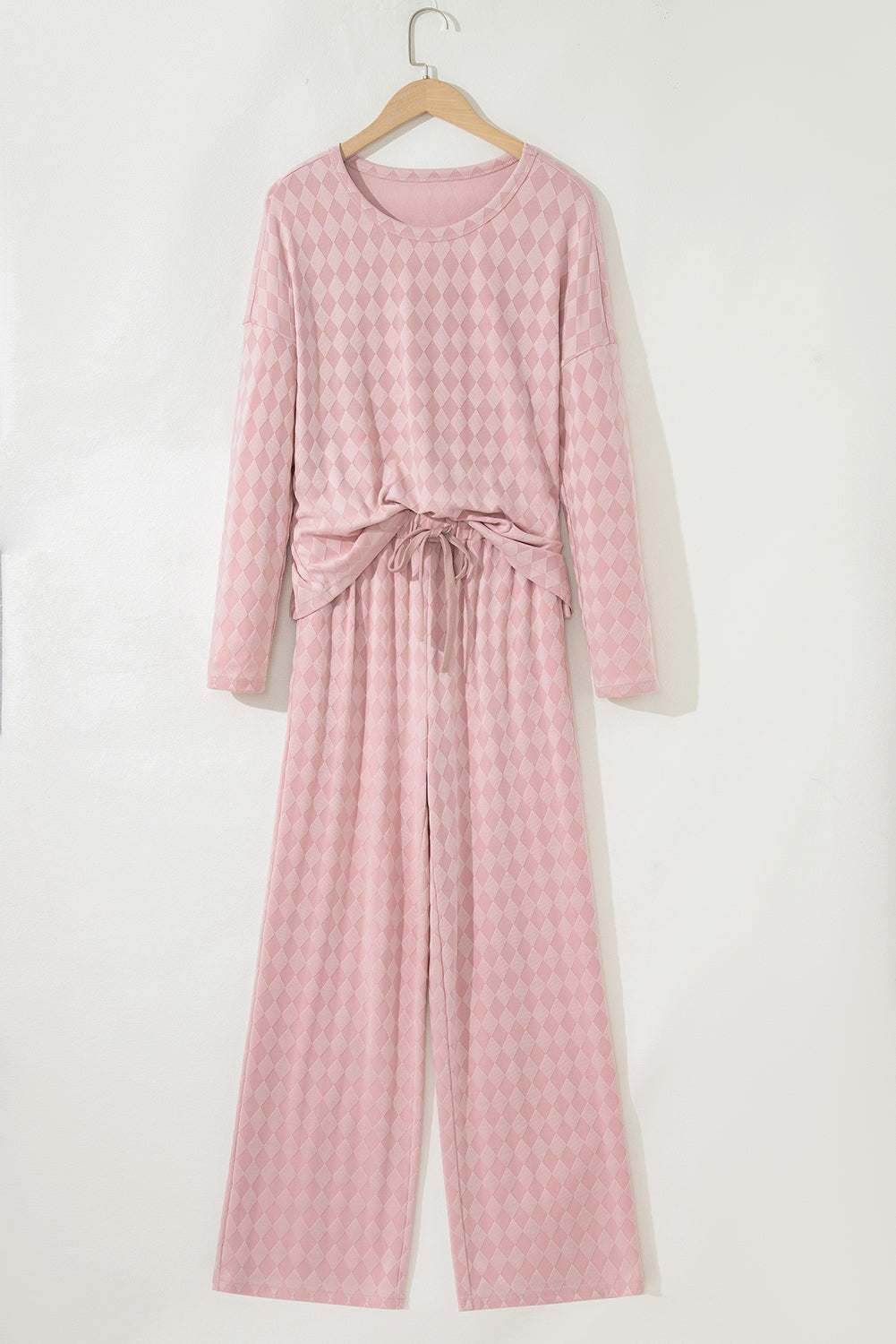Light Pink Rhombus Pattern Knit Long Sleeve Top Pocketed Drawstring Lounge Pant Set