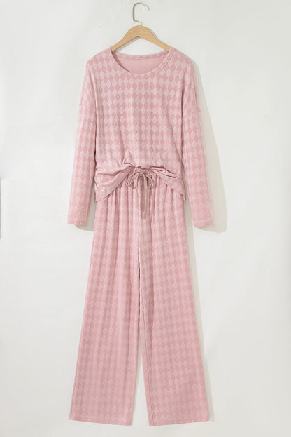 Light Pink Rhombus Pattern Knit Long Sleeve Top Pocketed Drawstring Lounge Pant Set