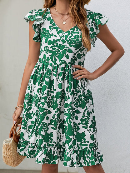 Bohemian Leaf Print Fashion Loose V-Neck Pleated Mini Dress