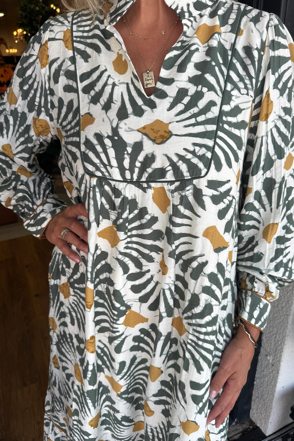 Gray Abstract Floral Print Split V Neck Long Dress with Sleeves