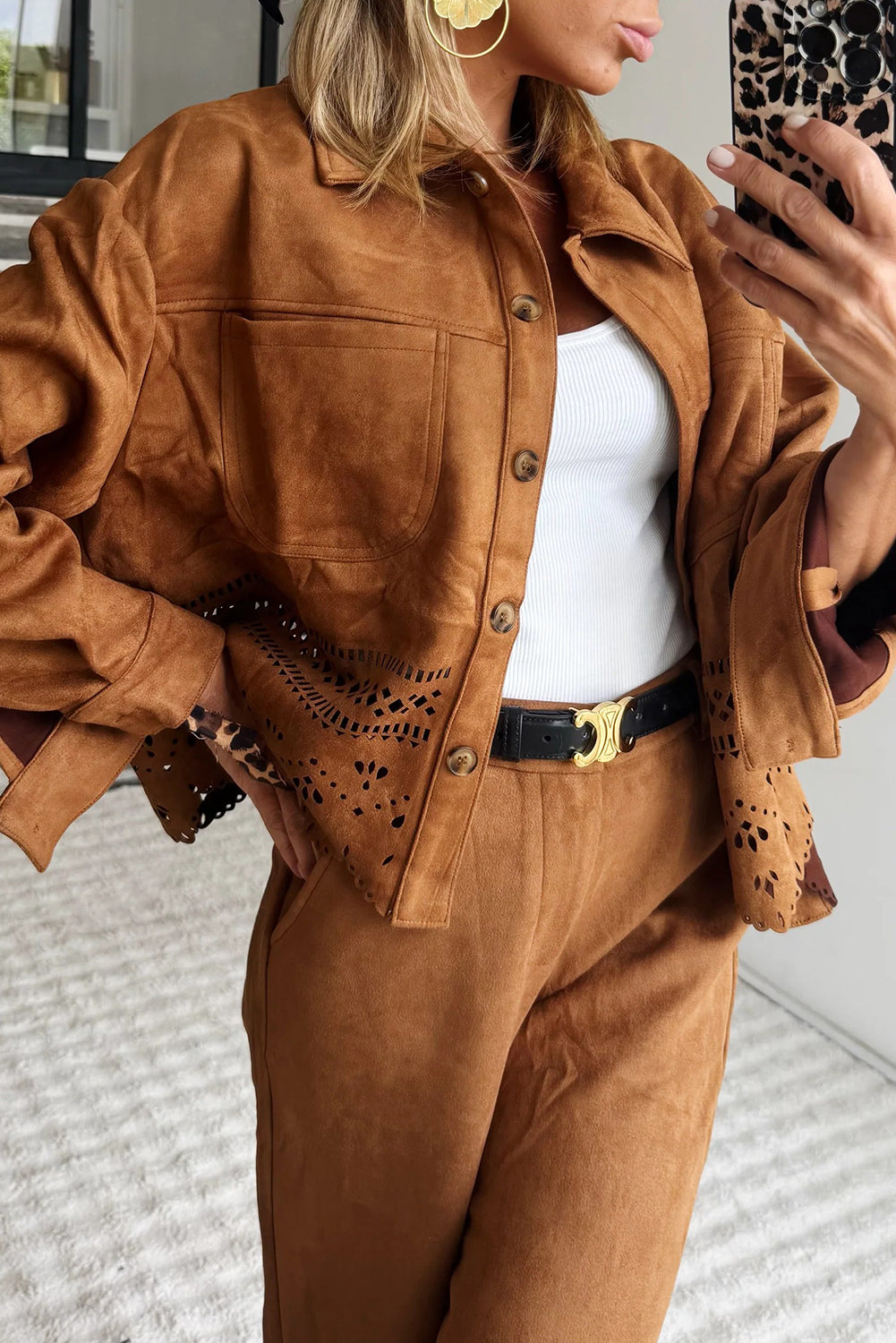 Thai Curry Solid Color Faux Suede Hollowed Detail Button Down Jacket