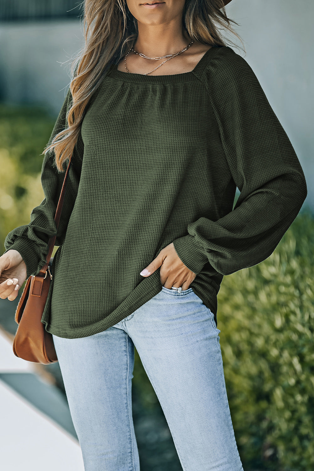 Green Square Neck Loose Fit Waffle Knit Long Sleeve Top