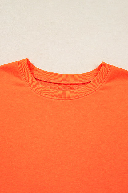 Orange Plus Size Varsity Striped Drop Shoulder Pullover Drawstring Elastic Waistband Short Set