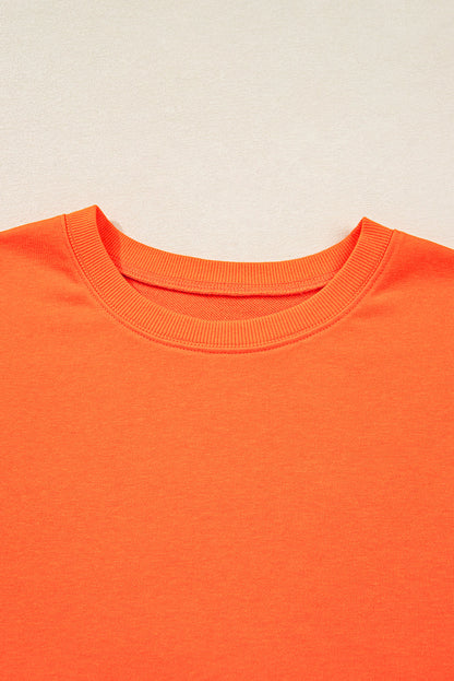 Orange Plus Size Varsity Striped Drop Shoulder Pullover Drawstring Elastic Waistband Short Set