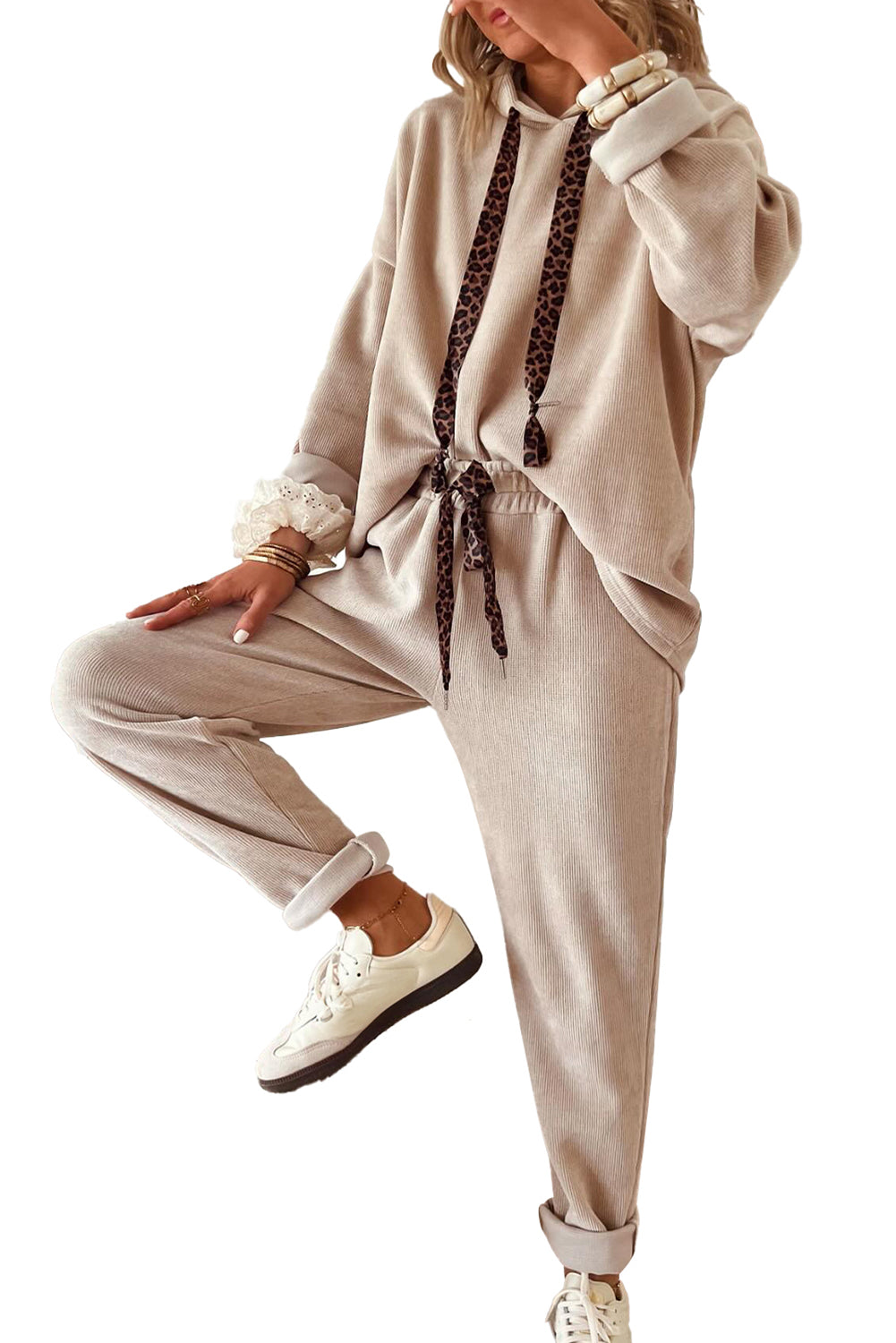 Parchment Lace/Leopard Drawstring Pullover Hoodie and High Waist Pants Corduroy Suit