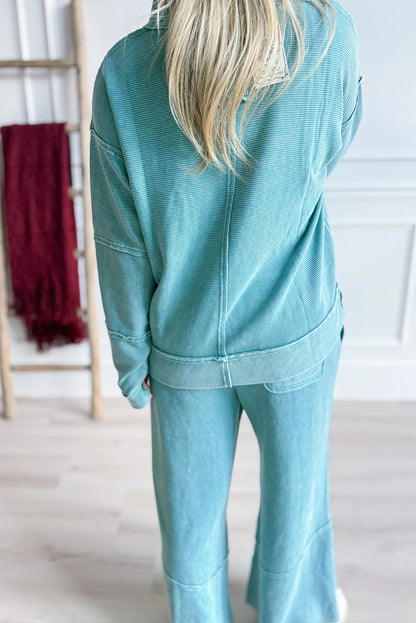 Lapis Mineral Wash Ribbed Patchwork V Neck Pullover Drawstring Pants 2pcs Outfit