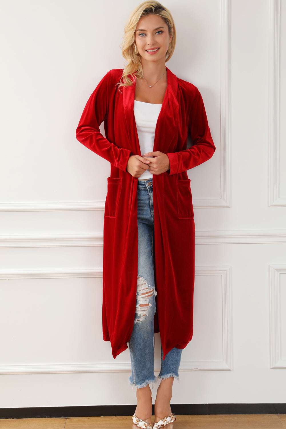 Fiery Crimson Velvet Open Front Long Duster with Pockets