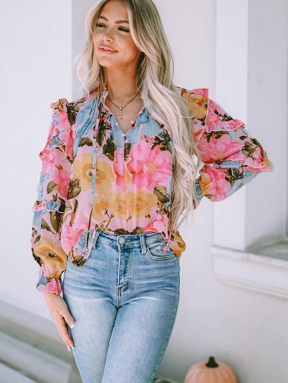Floral Delight Pink Ruffle Tiered Puff Sleeve Blouse