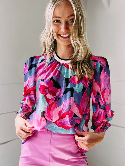 Floral Fantasy Ruched Sleeve Multicolor Blouse