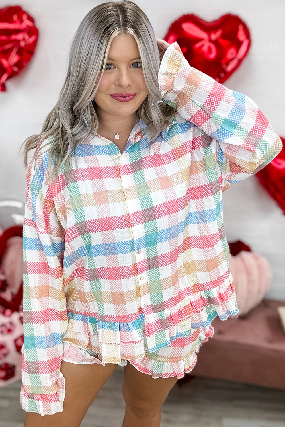 White Colorful Plaid Ruffled Long Sleeve Shirt and Shorts Lounge Set