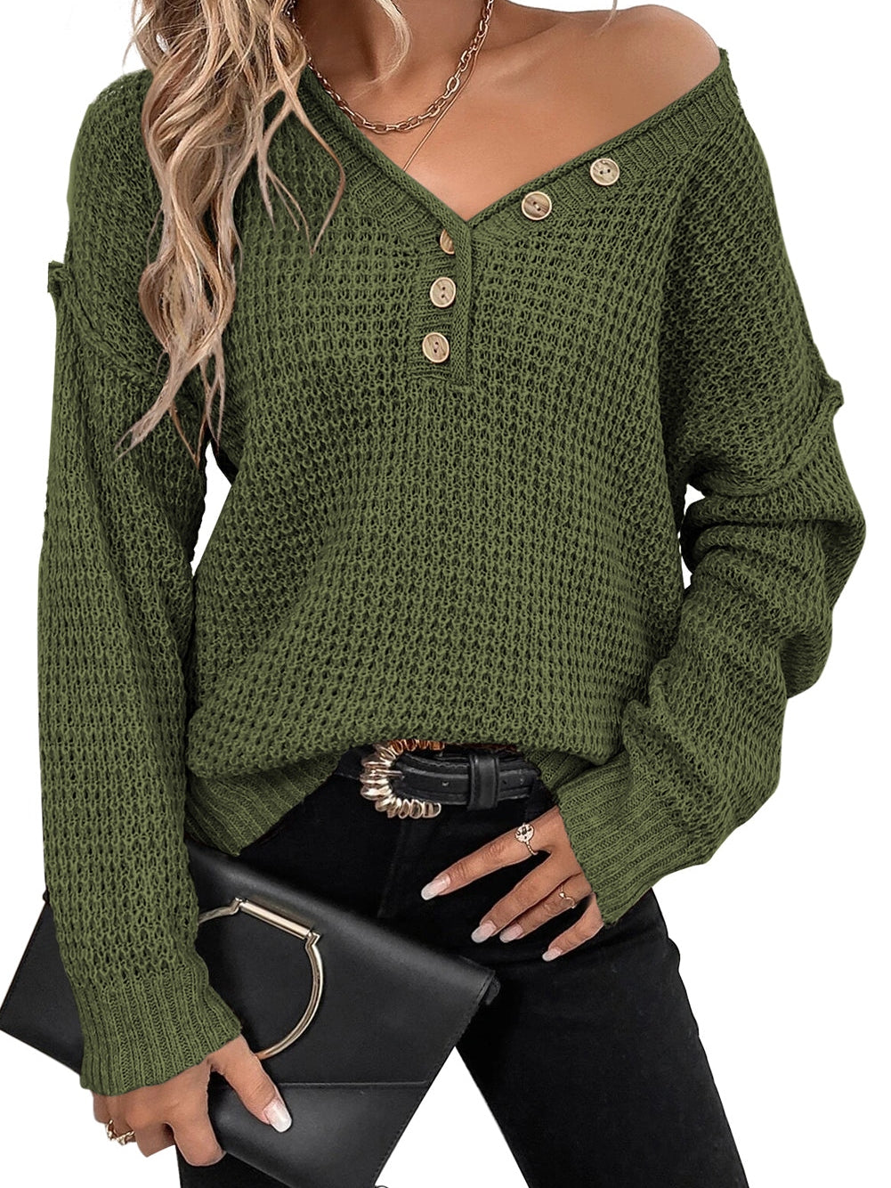 Green Buttoned V Neck Drop Shoulder Sweater with Pointelle Knit