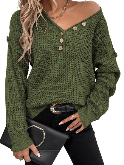 Green Buttoned V Neck Drop Shoulder Sweater with Pointelle Knit