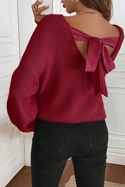 Red Dahlia Ribbed Knit Contrast Ribbon Knot Drop Shoulder Sweater