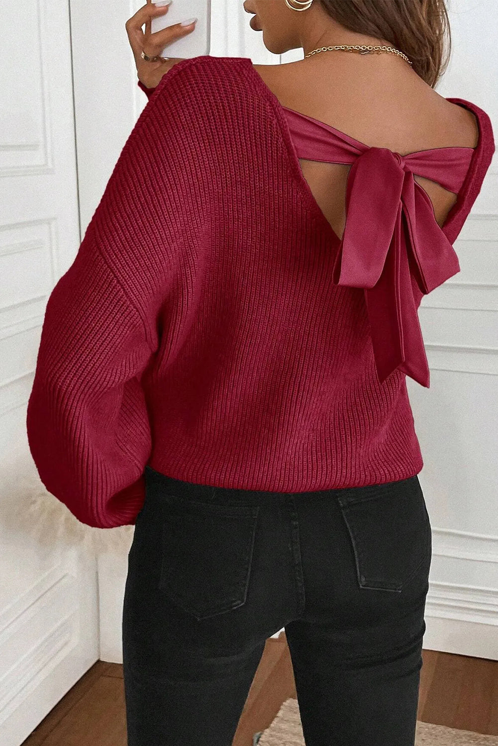 Red Dahlia Ribbed Knit Contrast Ribbon Knot Drop Shoulder Sweater