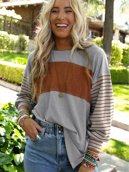 Elegant Grey Striped Bishop Sleeve Top