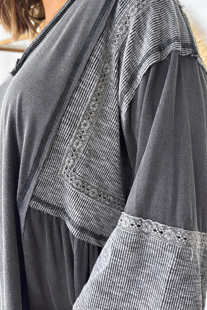 Dark Grey Floral Lace Ribbed Patchwork V Neck Bracelet Sleeve Loose Top