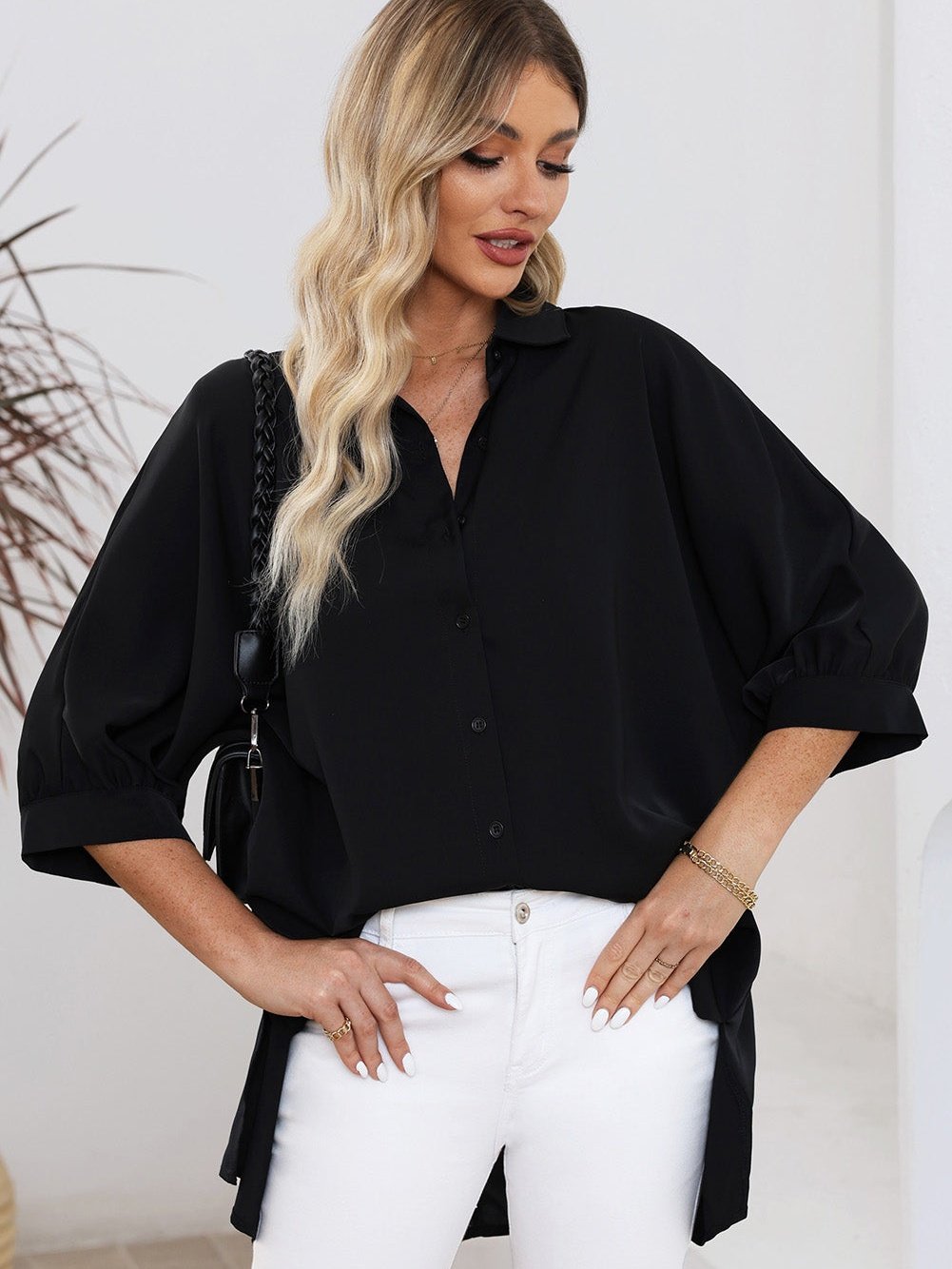 Satin Commute Solid Color V Neck Long Sleeved Blouse