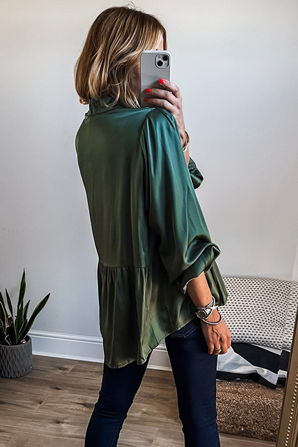 Mist Green Satin Half Button Lace Insert Neckline 3/4 Sleeve Peplum Blouse