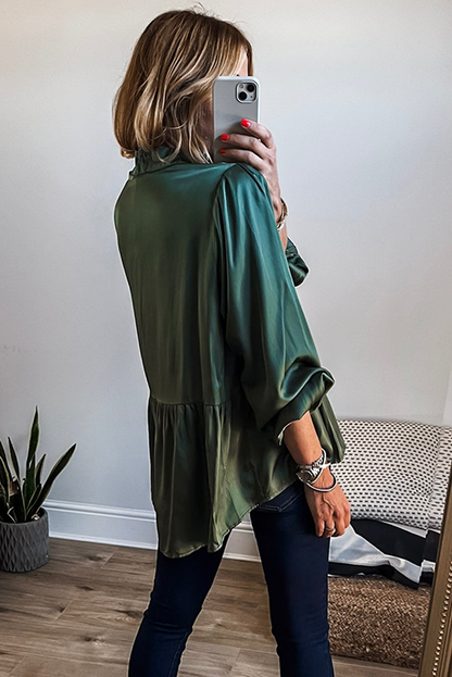 Mist Green Satin Half Button Lace Insert Neckline 3/4 Sleeve Peplum Blouse
