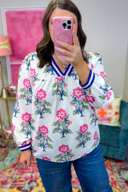 White Plus Size Floral Print Striped Trim V Neck Long Sleeve Blouse