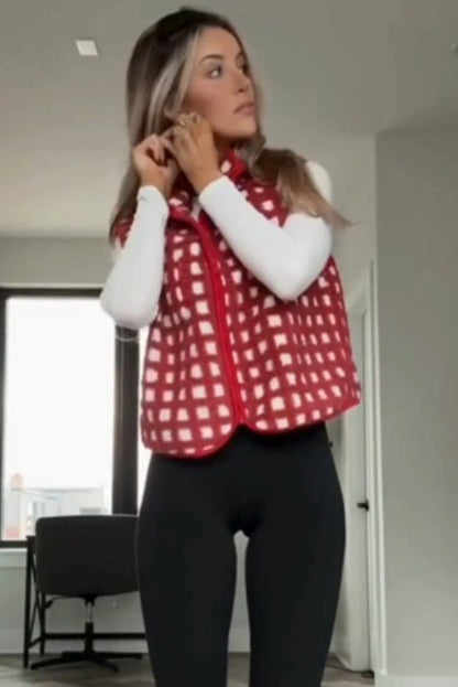 Red Checkered Texture Plush Zip Up Winter Vest