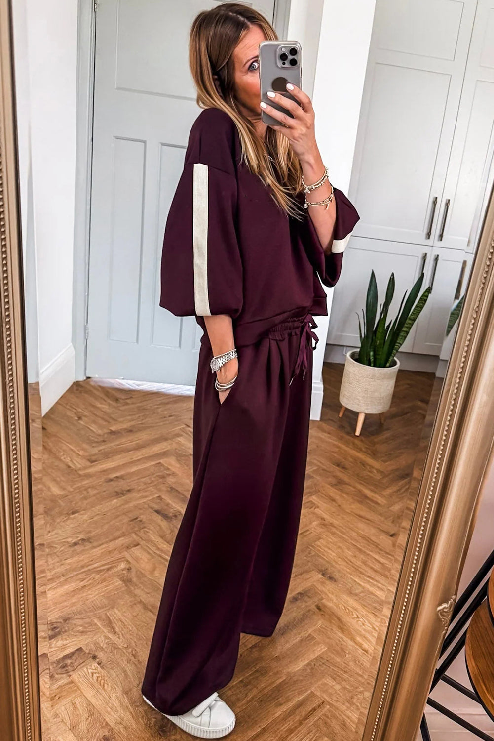 Burgundy Varsity Striped 3/4 Sleeve Pullover Drawstring Sweatpants Set