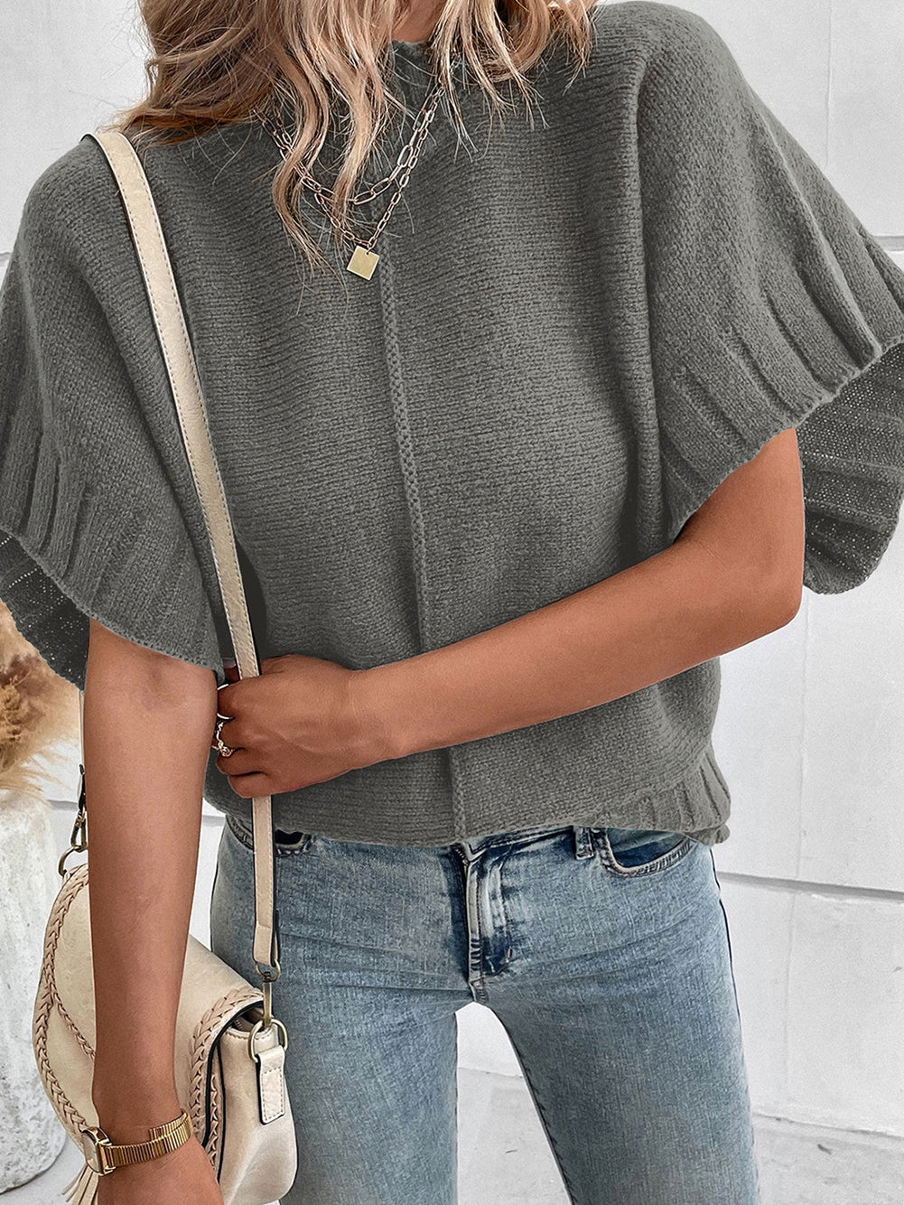 Grey Batwing Knit Sweater with Mock Neck