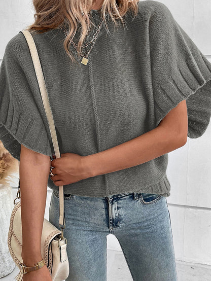Grey Batwing Knit Sweater with Mock Neck
